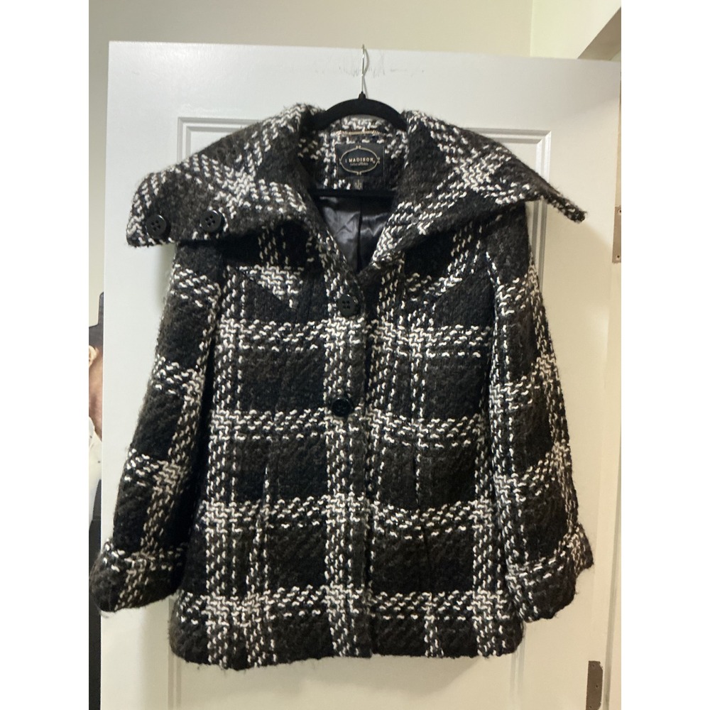 1 Madison Limited Collection Black White Plaid Wool Blend Boucle Coat Size 8